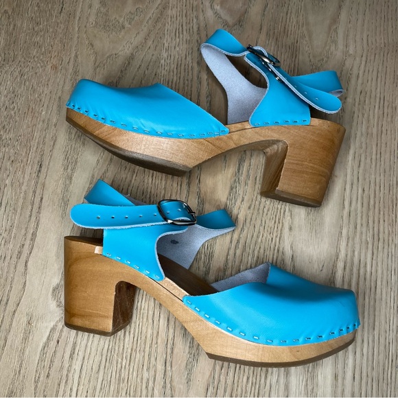 Swedish Turquoise Leather Clogs Wooden Heels Women’s Size 7.5/38 - Picture 7 of 10